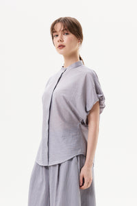 Band Collar Gathered Sleeve Blouse