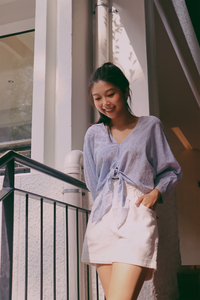 Front Self Tie Top With Bishop Sleeve