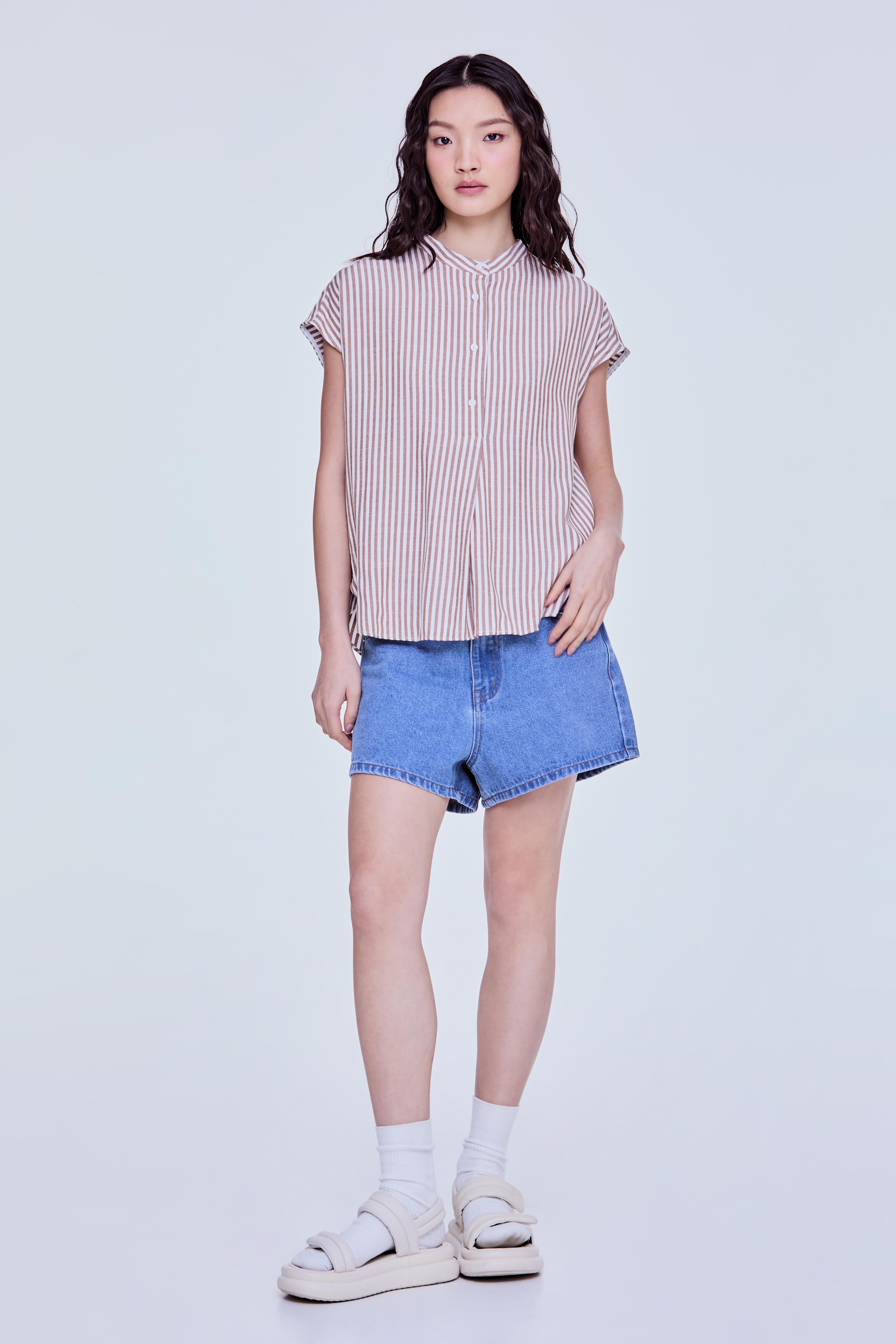 Stand Collar Striped Blouse