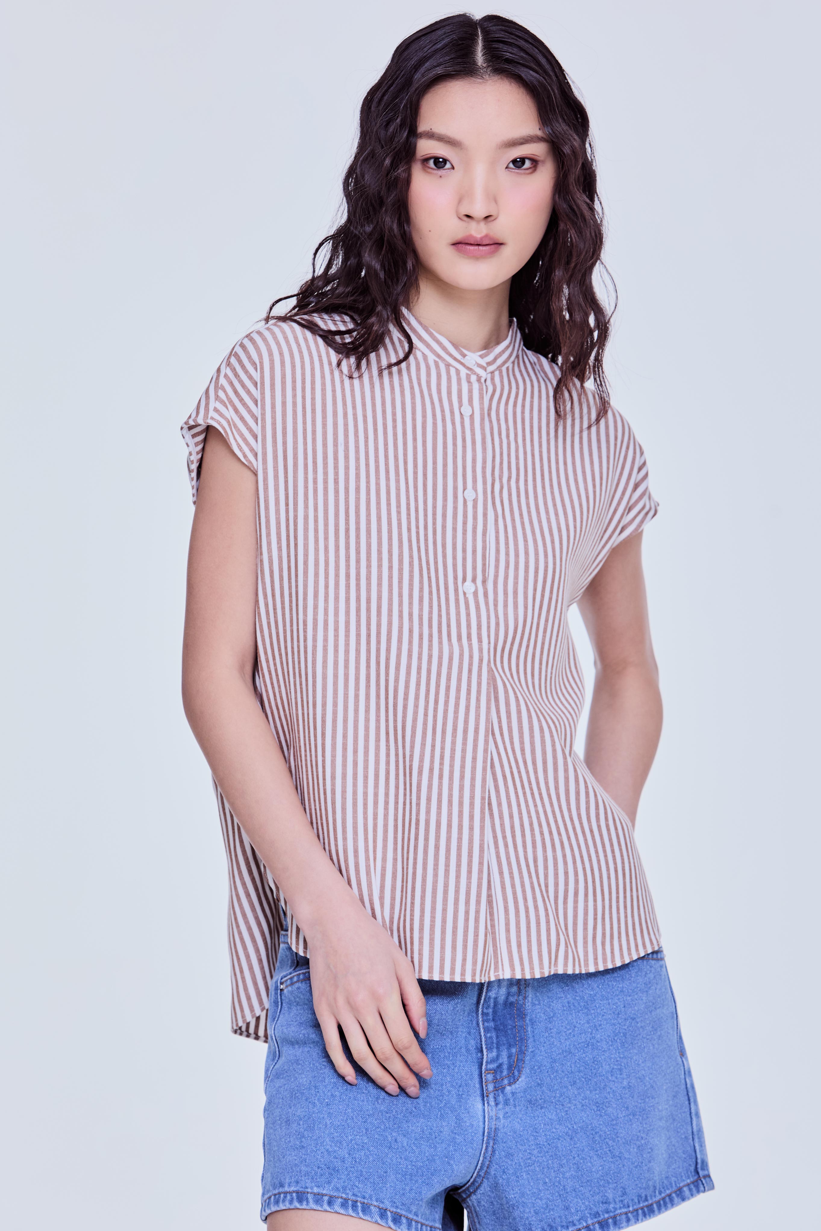 Stand Collar Striped Blouse OHOTORO Lowe Stripe Blouse