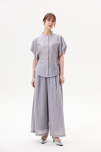 Band Collar Gathered Sleeve Blouse