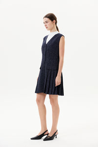 V Neck Tweed Pleated Dress