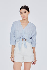 Front Self Tie Top With Bishop Sleeve