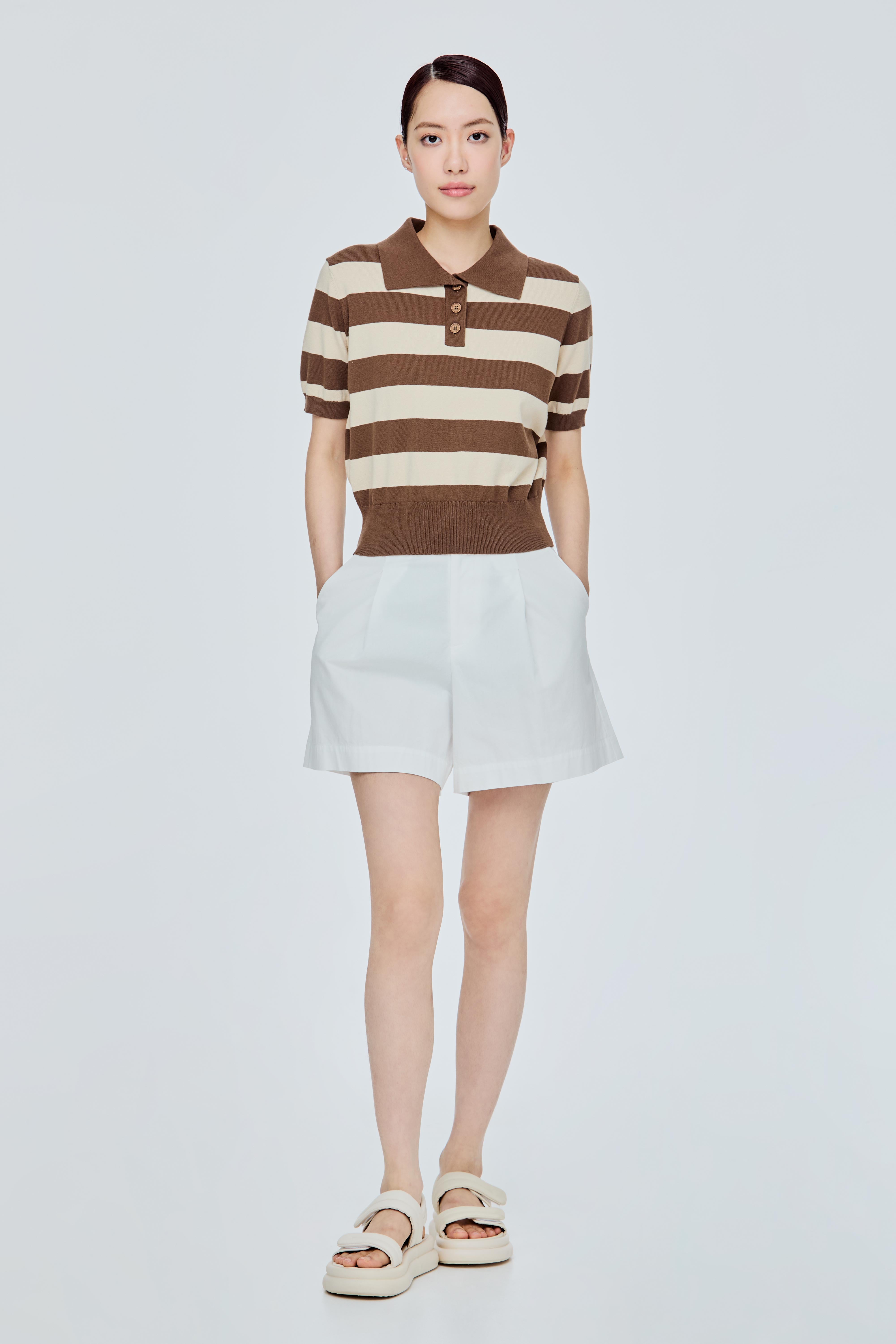 トップス GRVR GROVE MIA STRIPE COLLAR KNIT BK/BL Striped Knit Polo Shirt – iORA