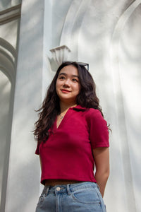 Collared V-Neck Knit Tee