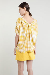 Halter Back-Pleats Checker Blouse