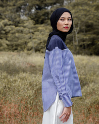 Contrast Yoke Stripes Oversized Shirt