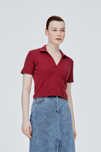 Collared V-Neck Knit Tee