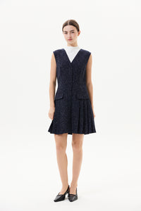 V Neck Tweed Pleated Dress