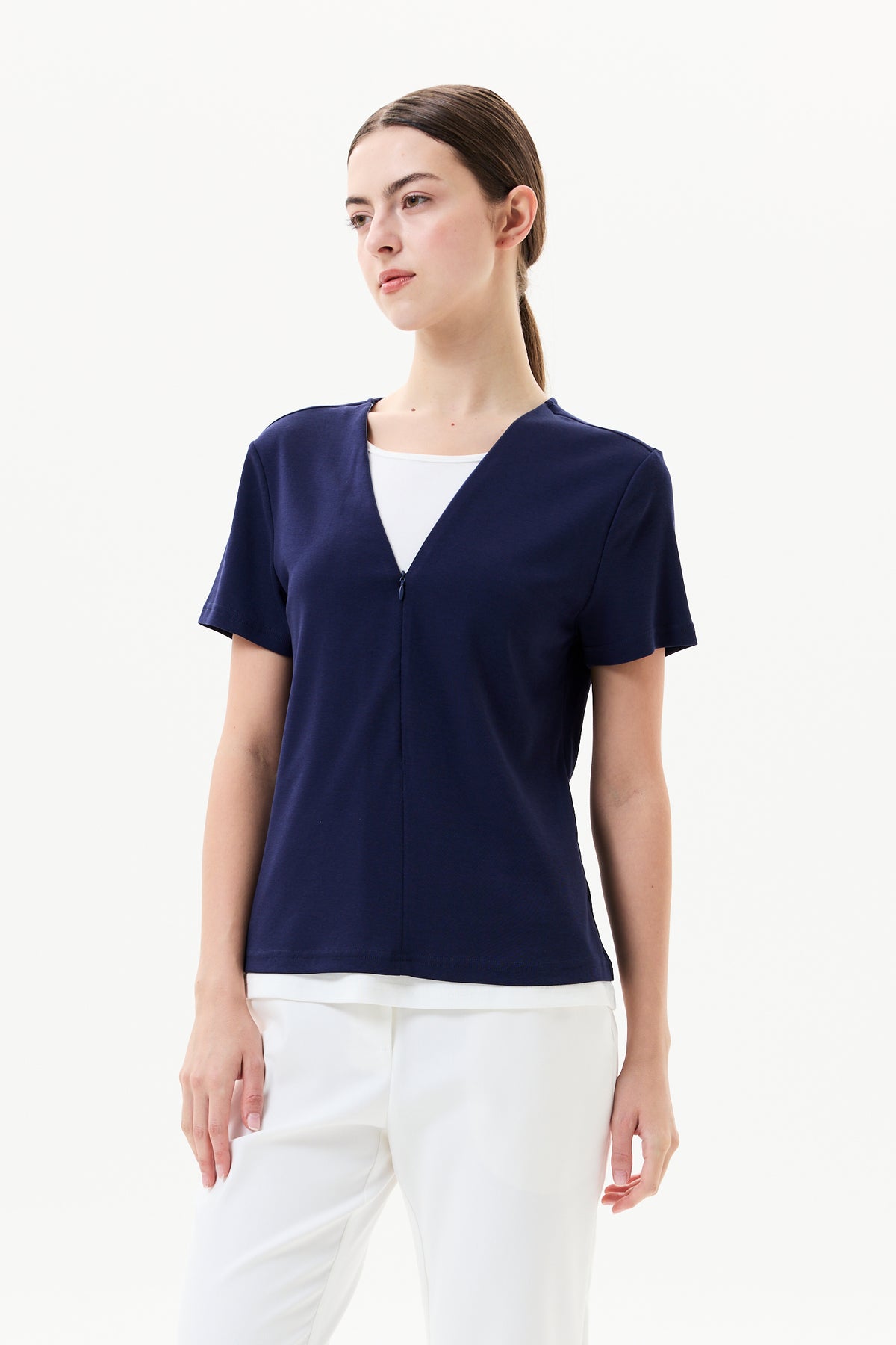 Faux Two-Piece V Neck Jersey Top