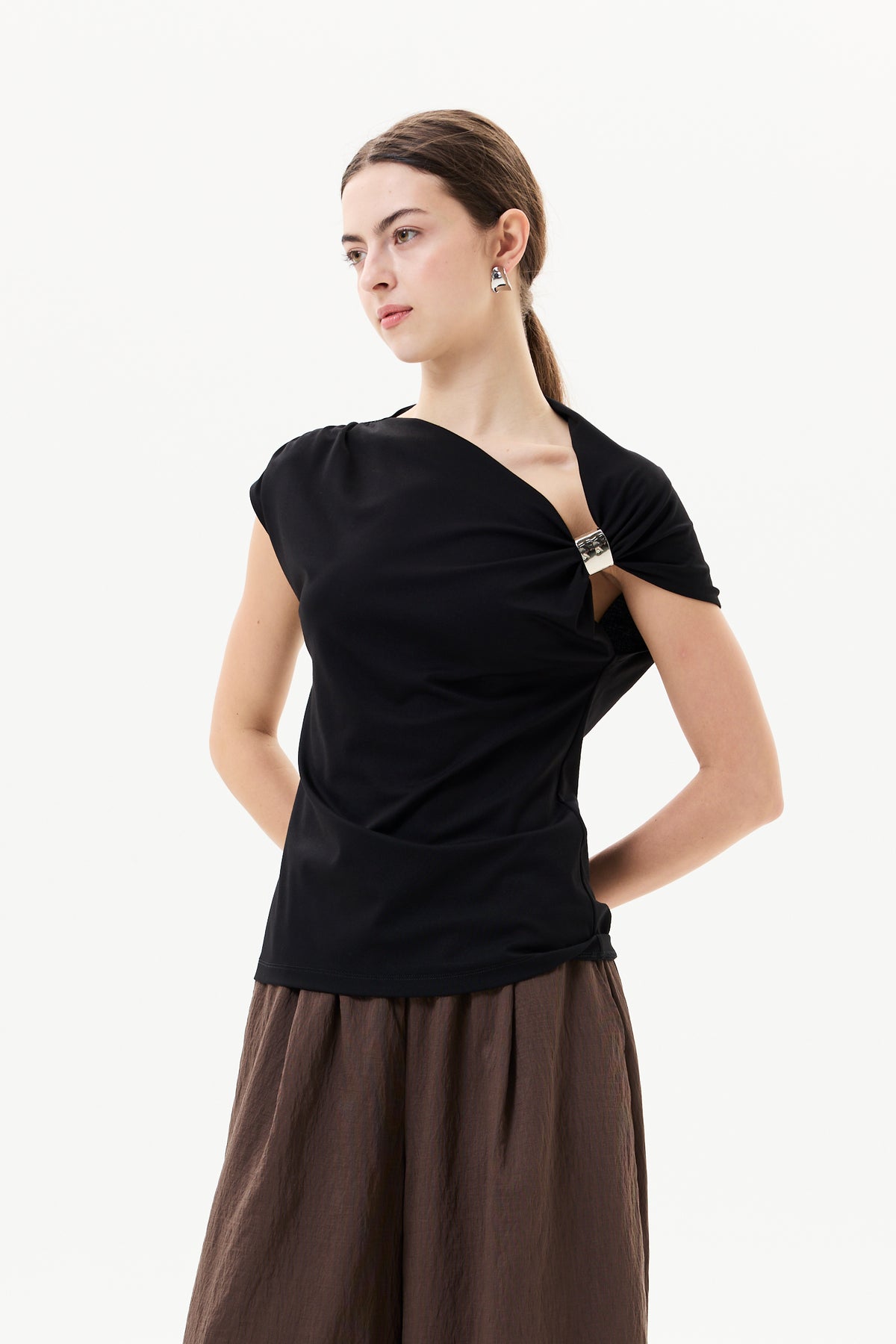 Asymmetric Gathered Brooch Top