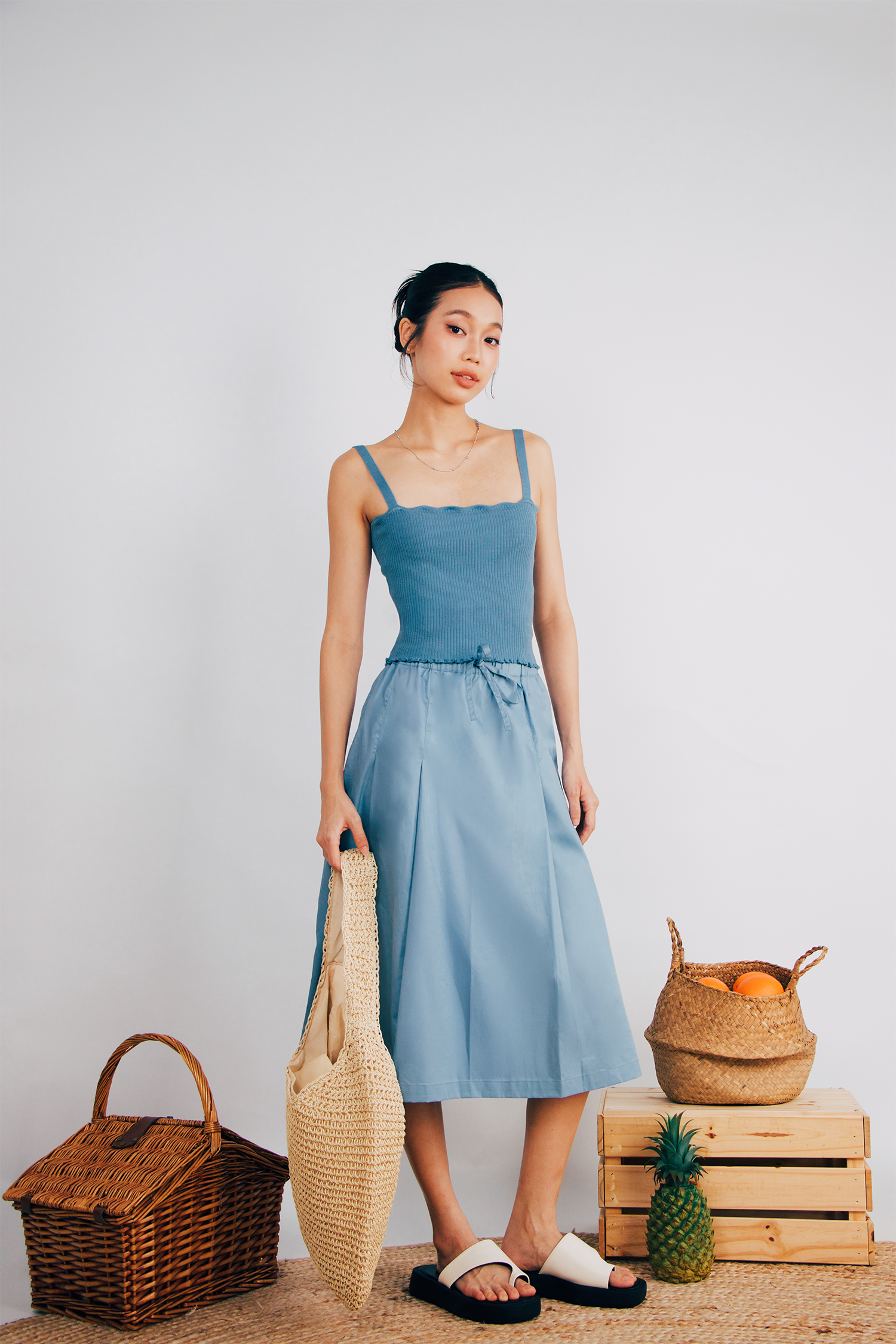 gathered dress with flared skirt Sleeveless Fit-and-Flare Midi Dress with Gathered Skirt Detail (Women)