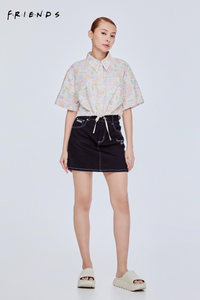 Printed Drawstring Crop Blouse