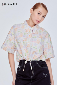 Printed Drawstring Crop Blouse