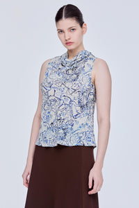 Printed Cowl Neck Sleeveless Blouse