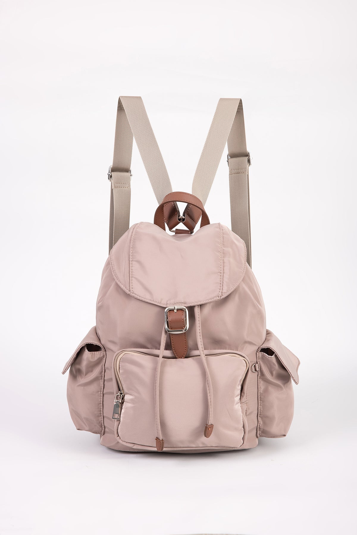 Drawstring Flap Backpack - Khaki Brown