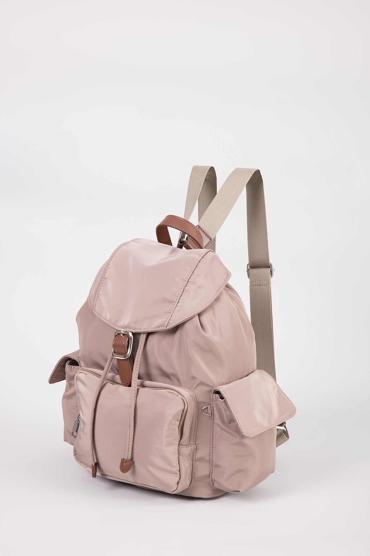 Drawstring Flap Backpack - Khaki Brown