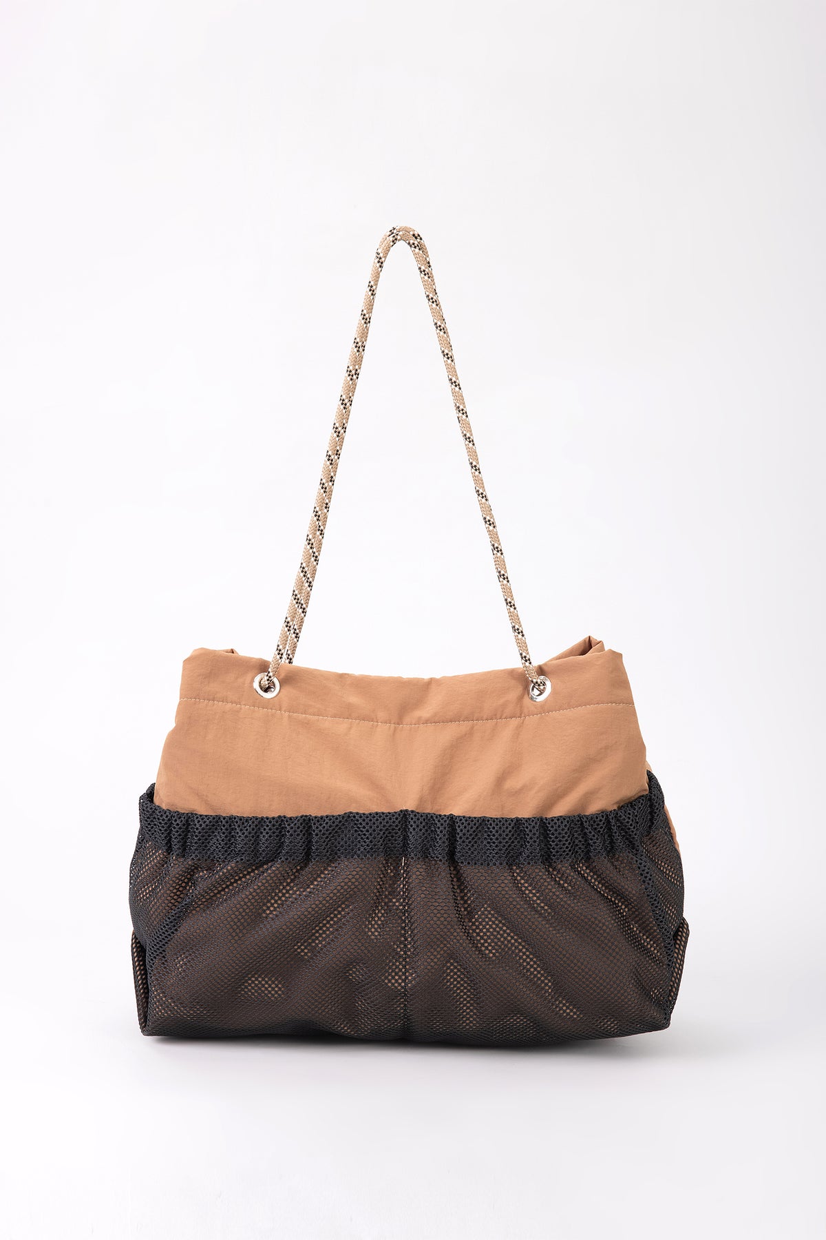 Mesh Overlay Rope Handle Tote - Brown