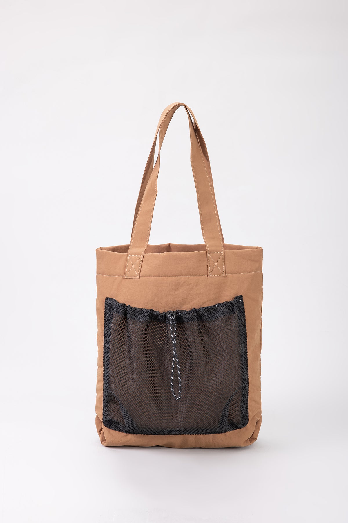 Drawstring Mesh Pocket Tote - Brown