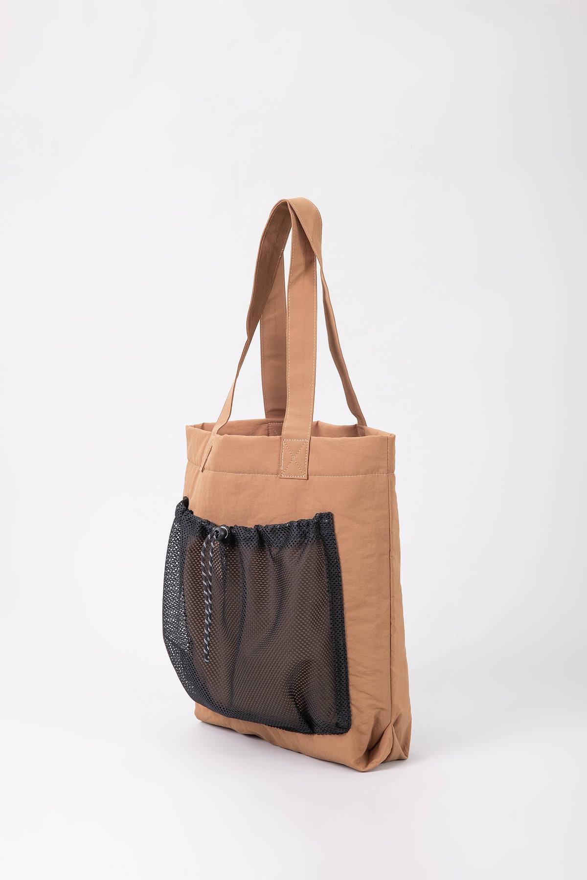 Drawstring Mesh Pocket Tote - Brown