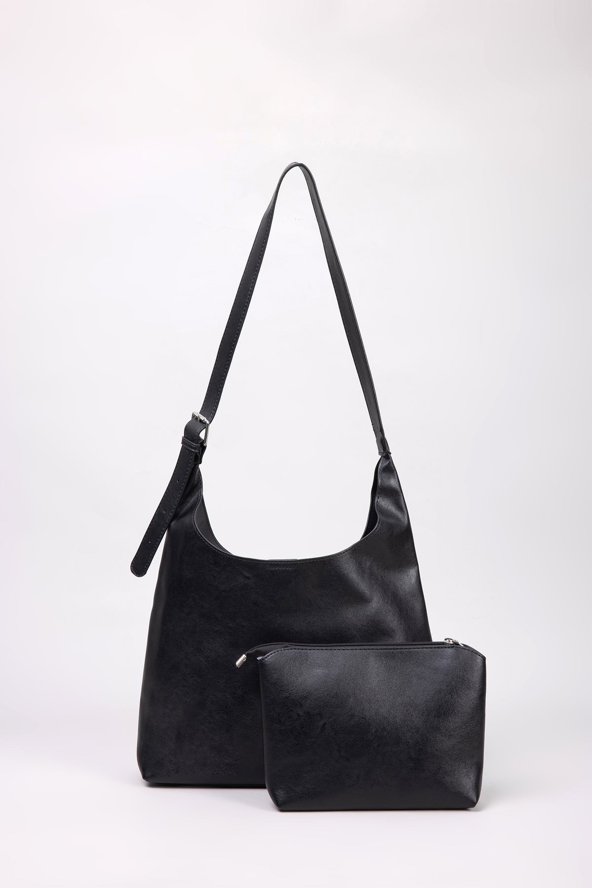 Slouchy Shoulder Bag with Pouch - Black