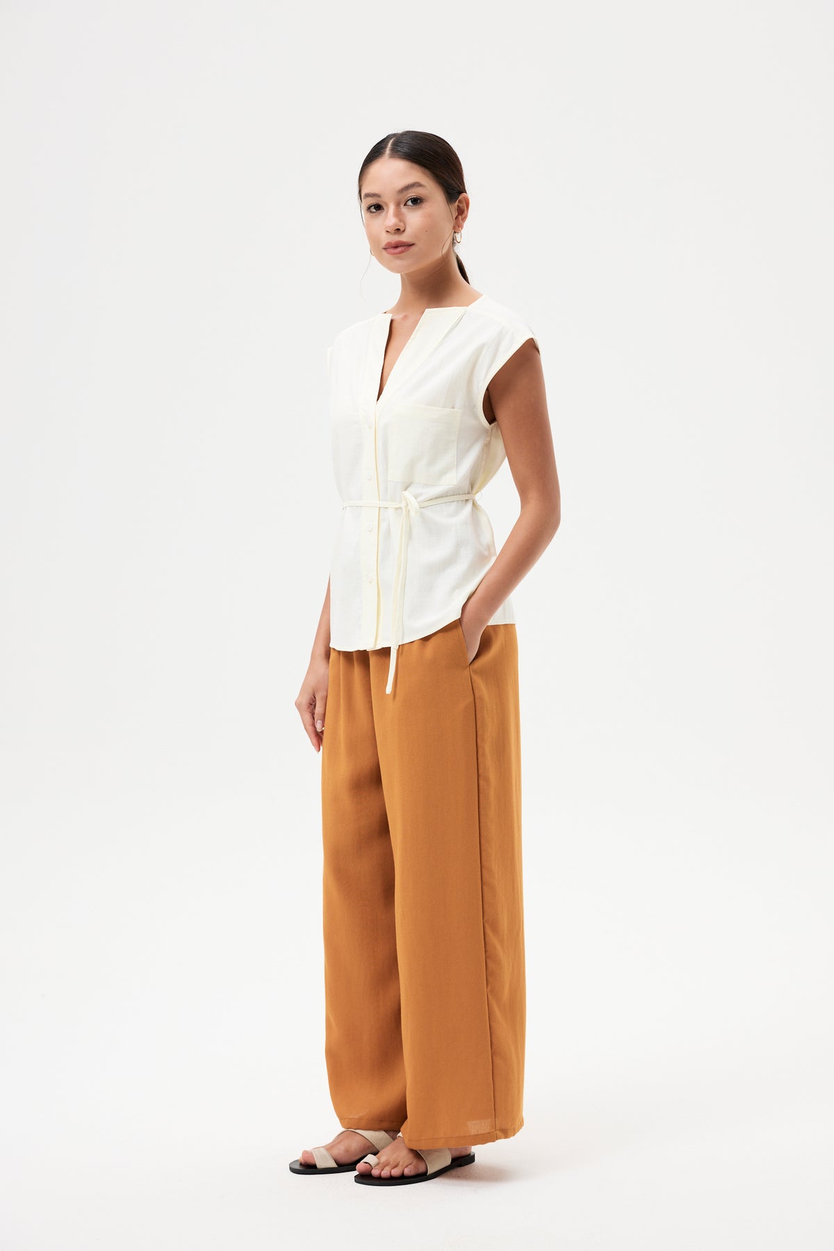 Low V-neck Button Down Vest Top