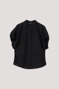 Band Collar Gathered Sleeve Blouse