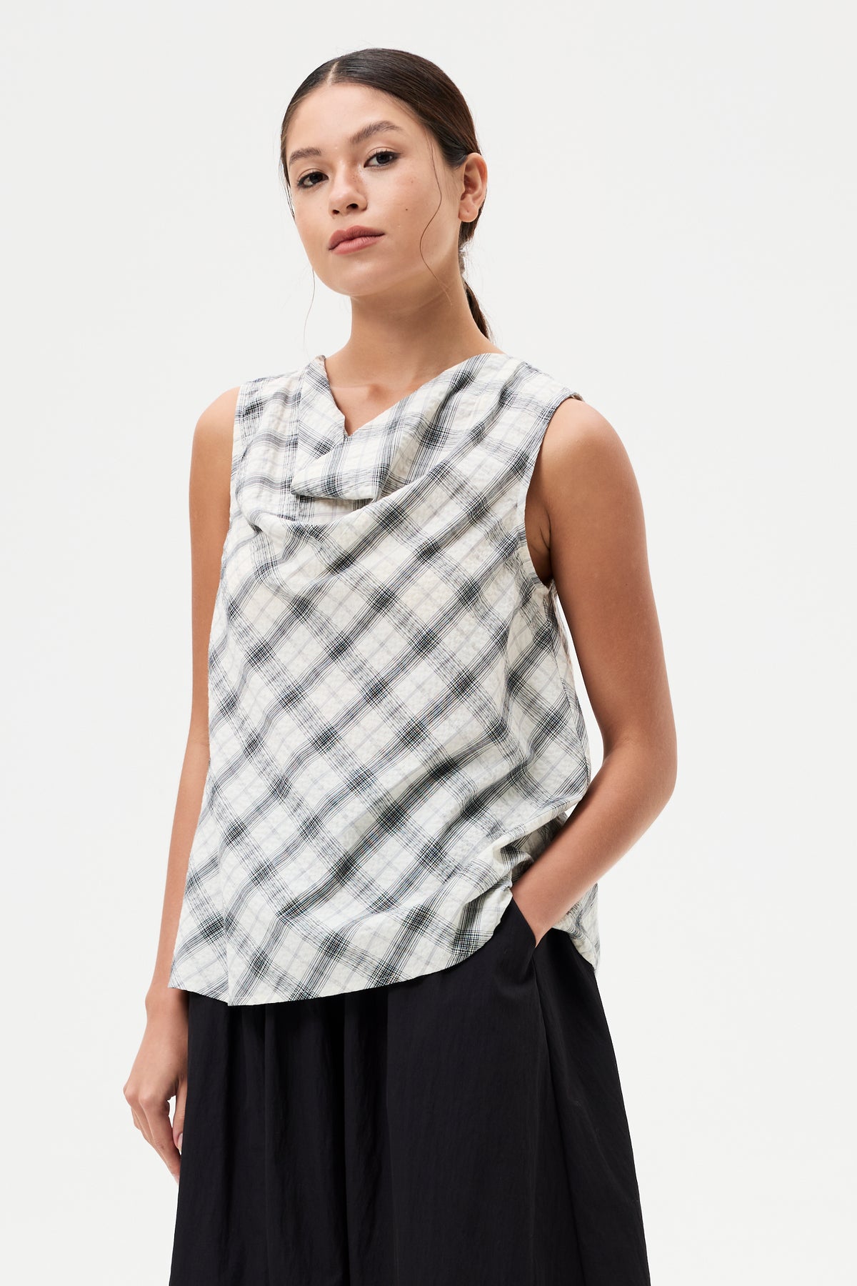 Checks Draped Cowl Sleeveless Top