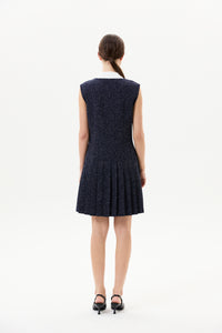 V Neck Tweed Pleated Dress