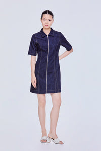 Collared Zip Up Denim Shirt Dress