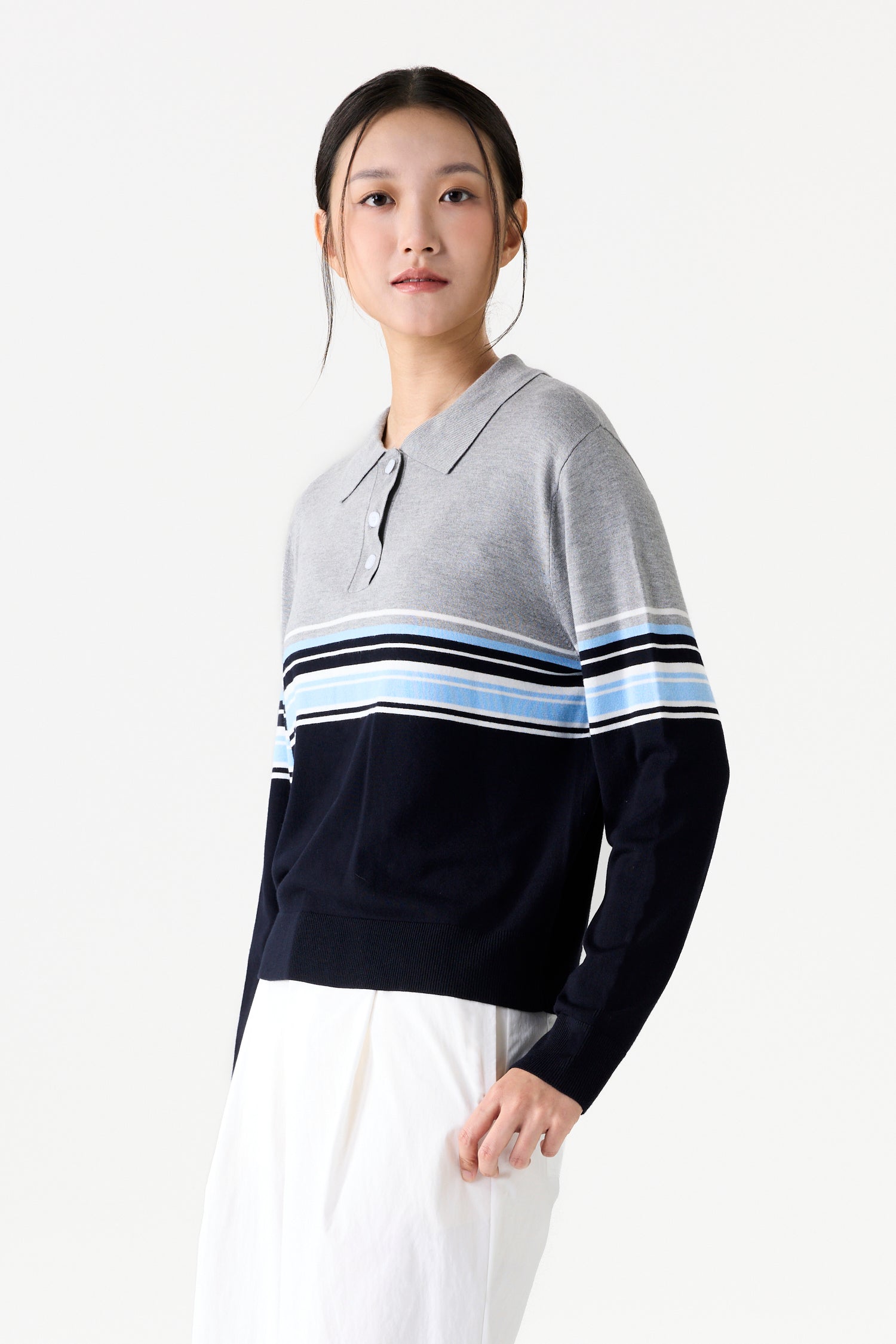 Striped Long Sleeve Knit Polo