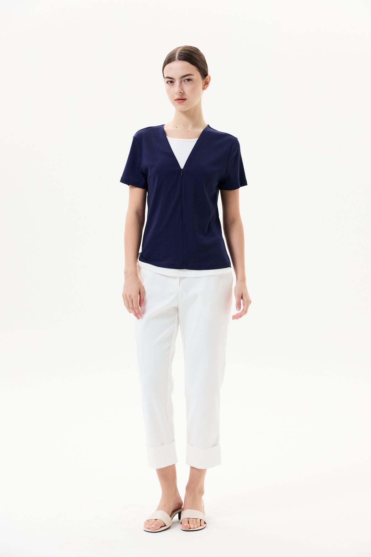 Faux Two-Piece V Neck Jersey Top