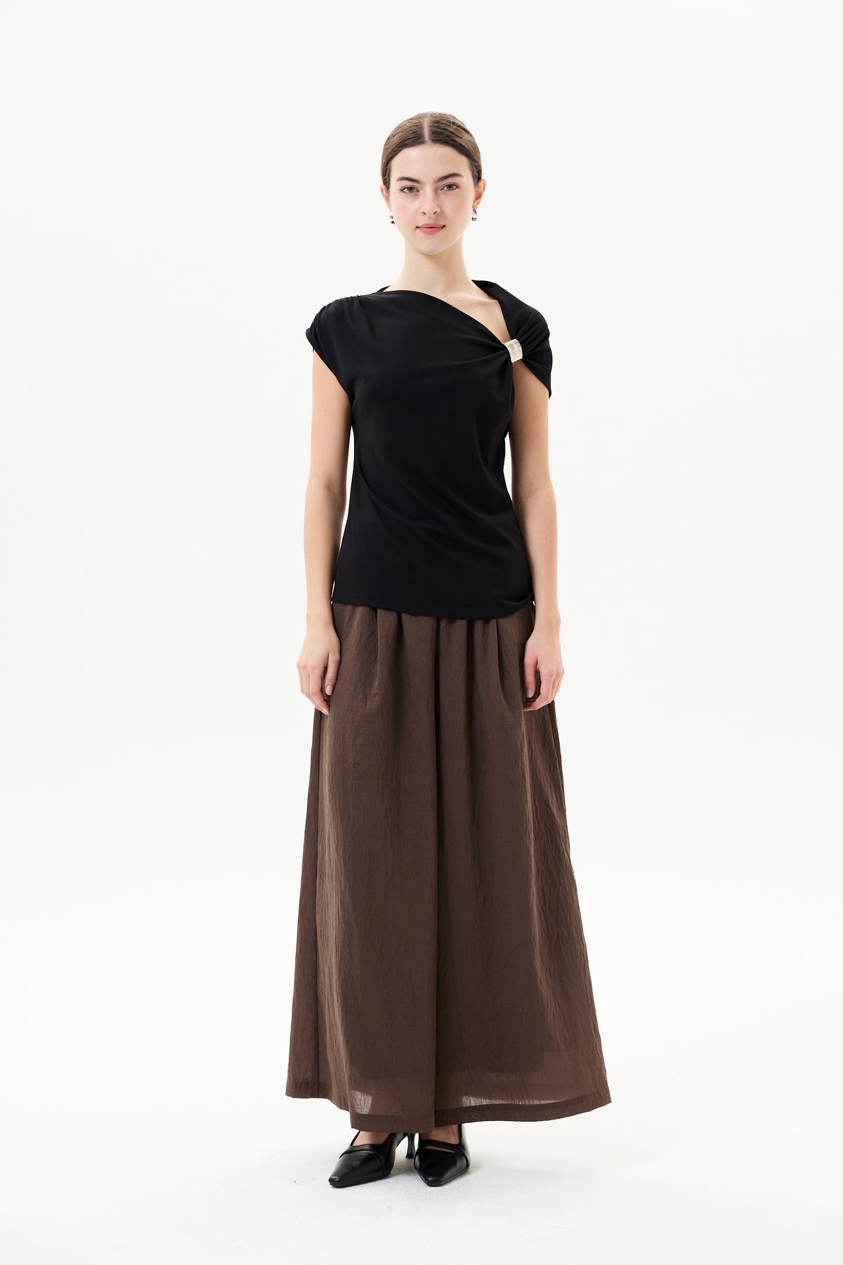 Asymmetric Gathered Brooch Top