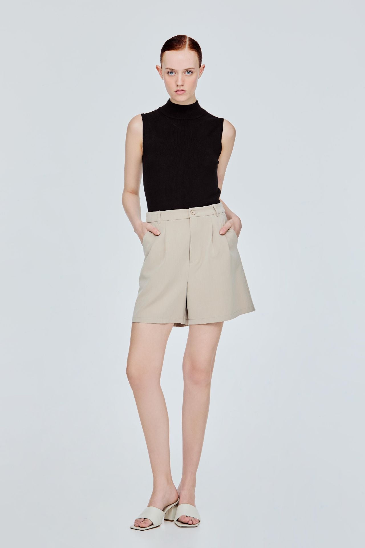 Pleated Mid-Rise Shorts