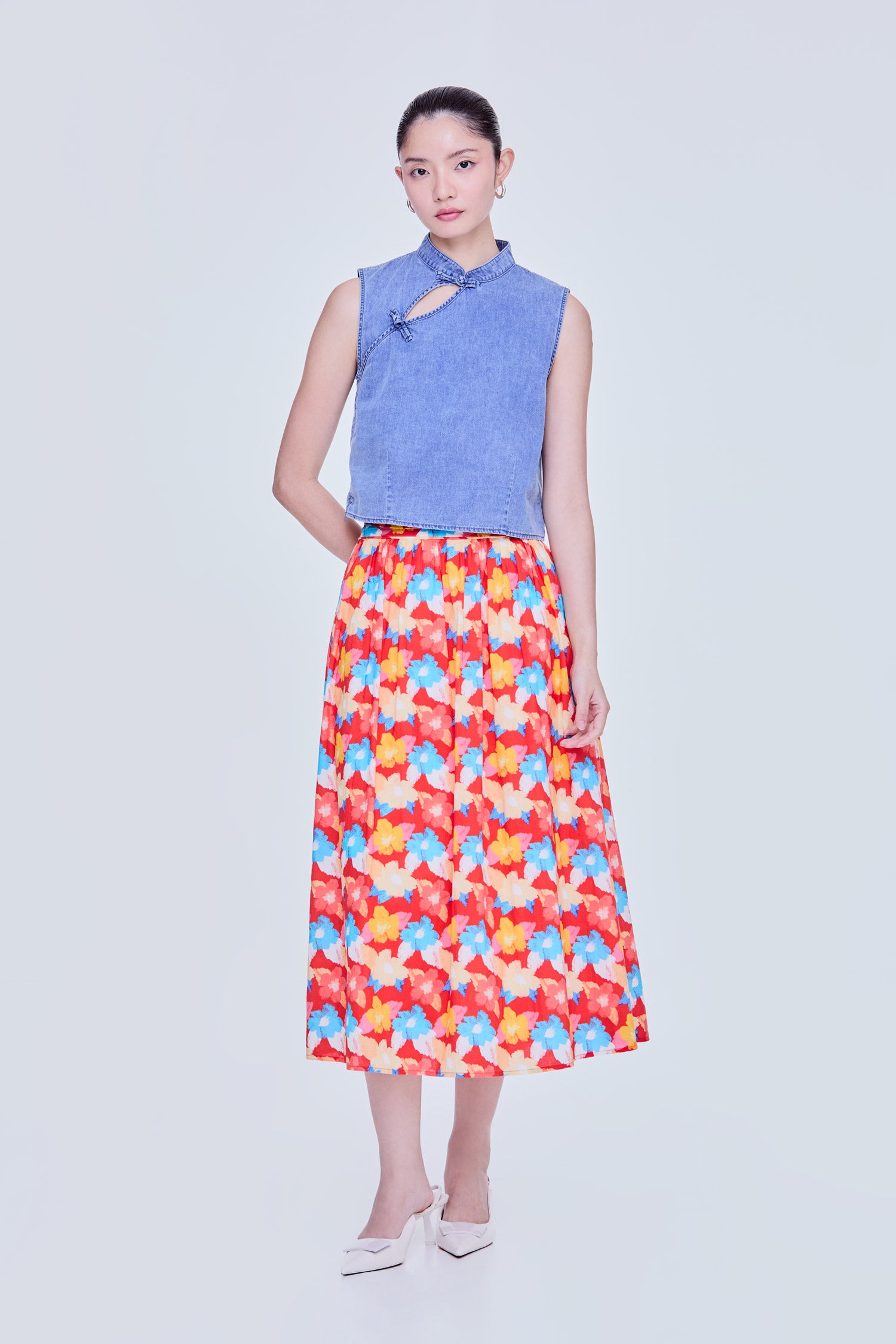 Boxy Cheongsam Denim Top