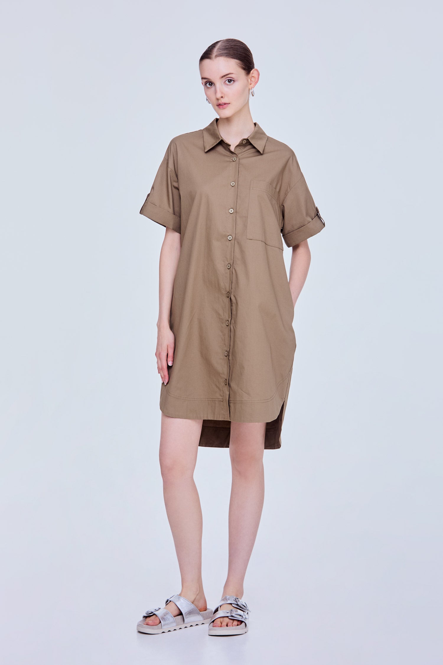 Folded Short Sleeve Shirt Dress