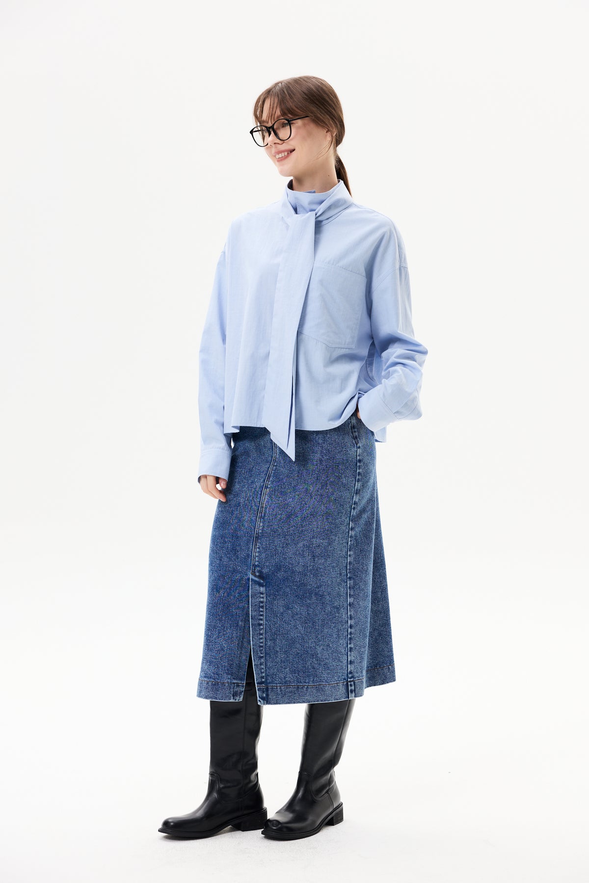 Tie-Neck High Collar Shirt