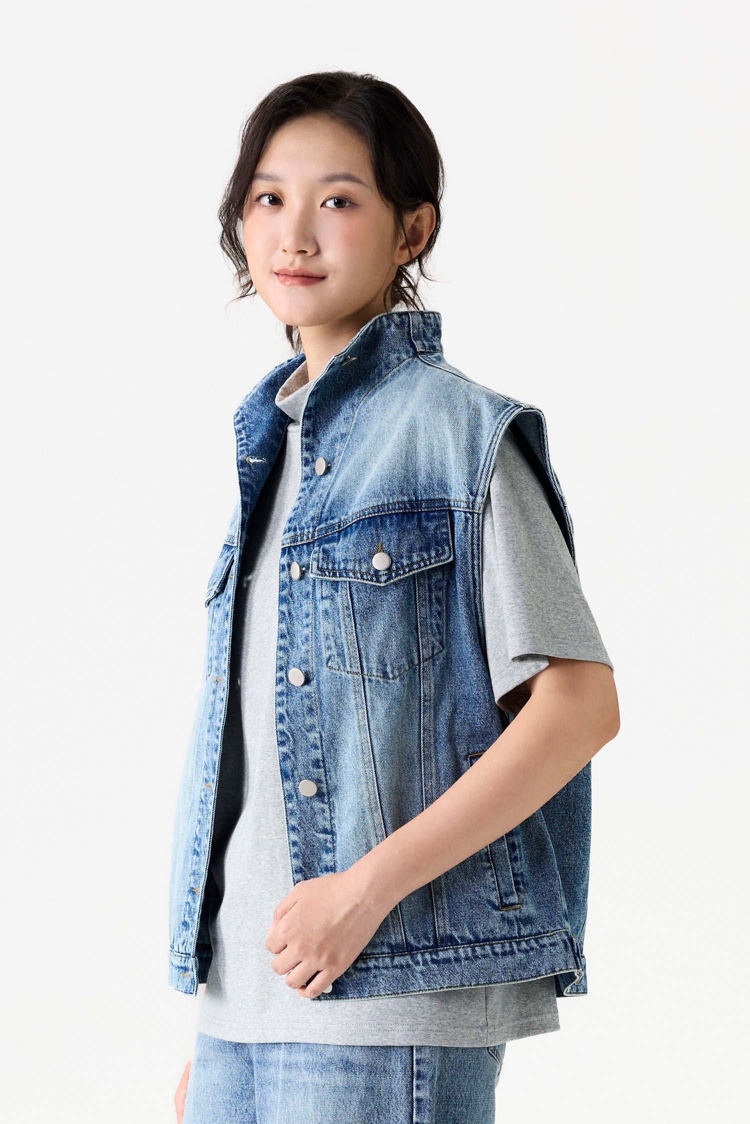 High Neck Denim Vest