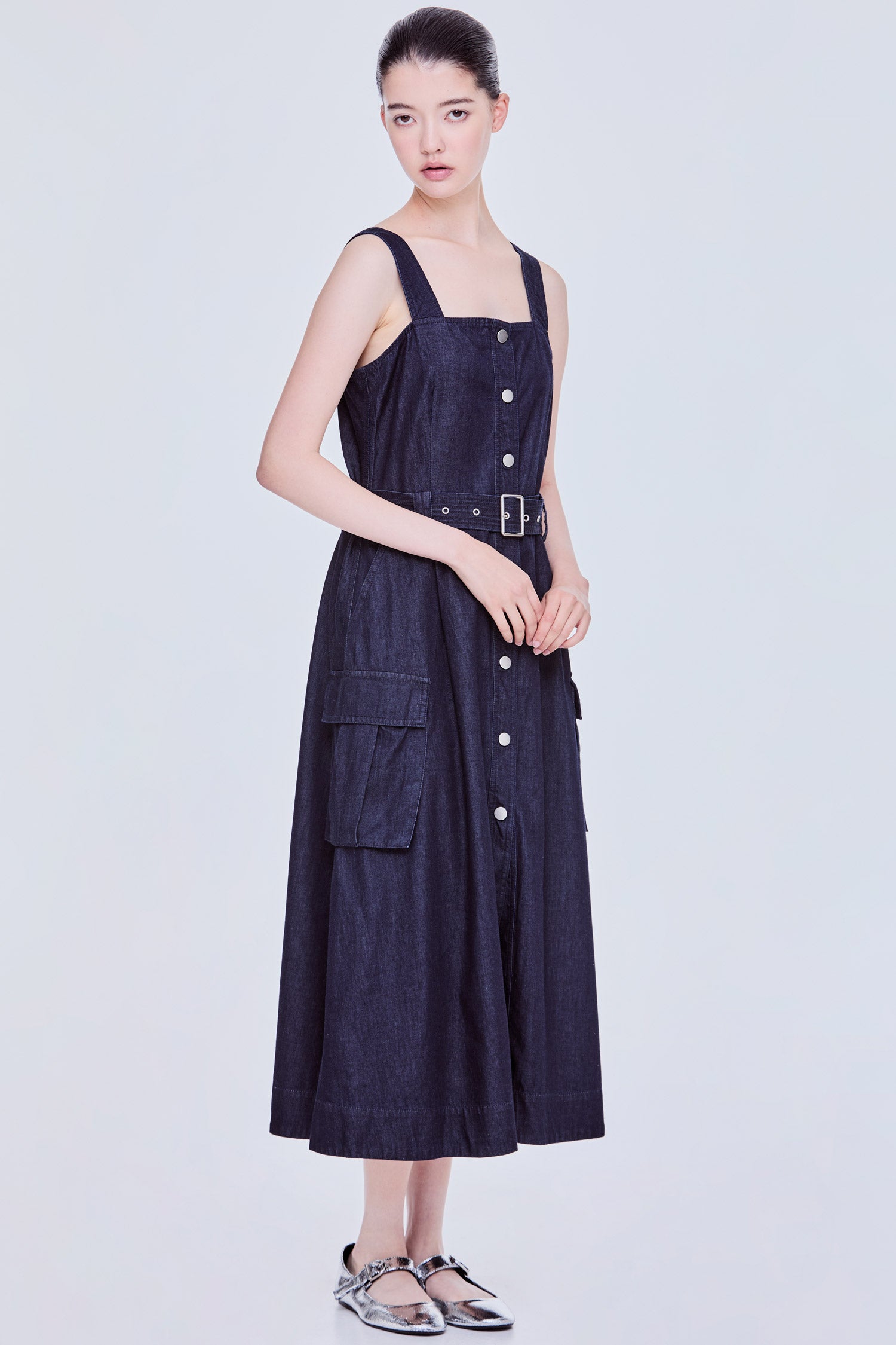 Button Down Sleeveless Midi Denim Dress