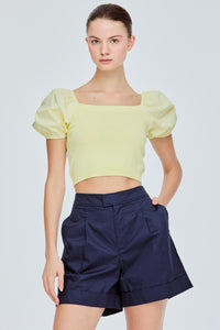 Contrast Fabric Puff Sleeve Top