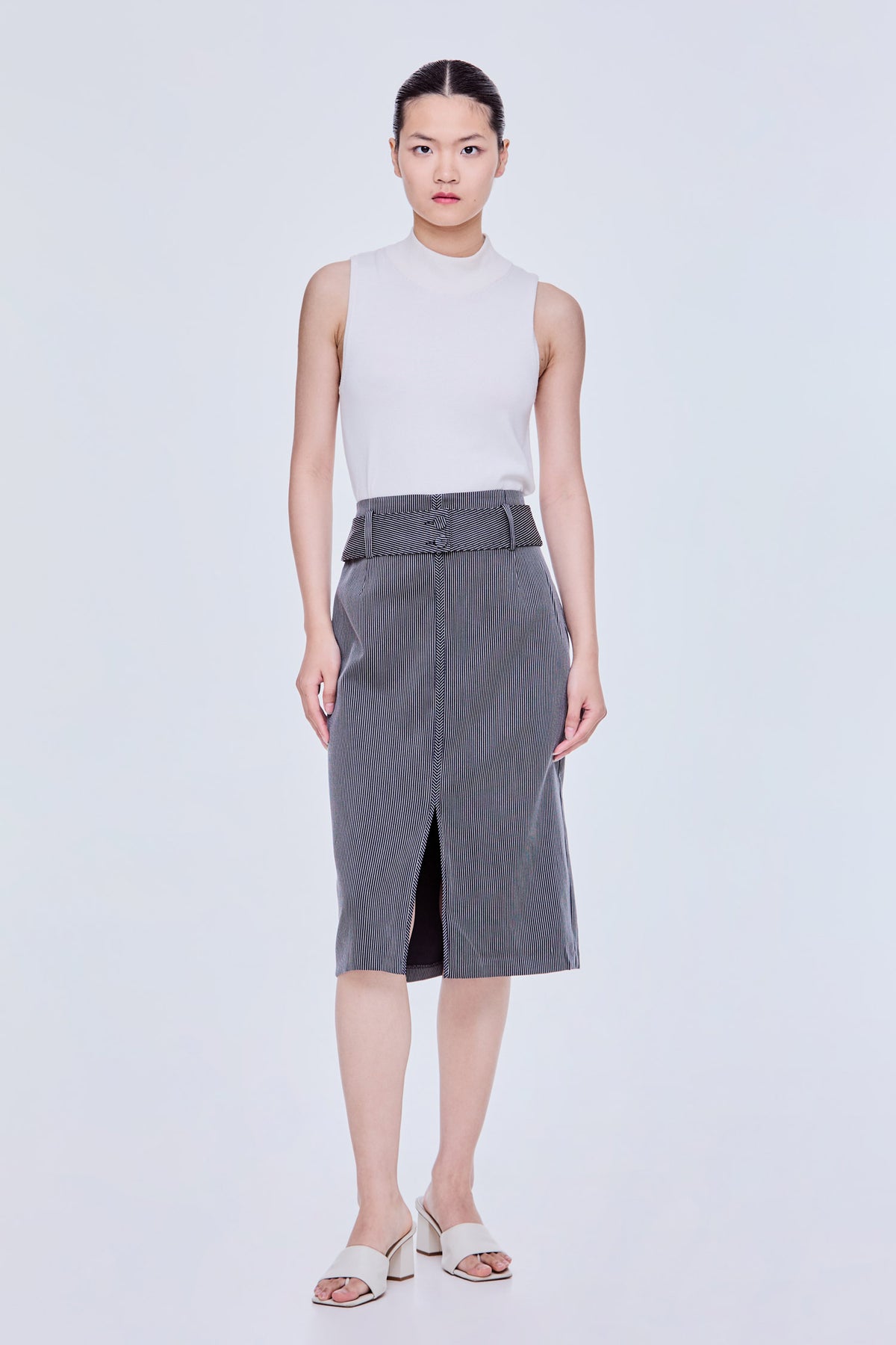Belted Stripes Pencil Skirt