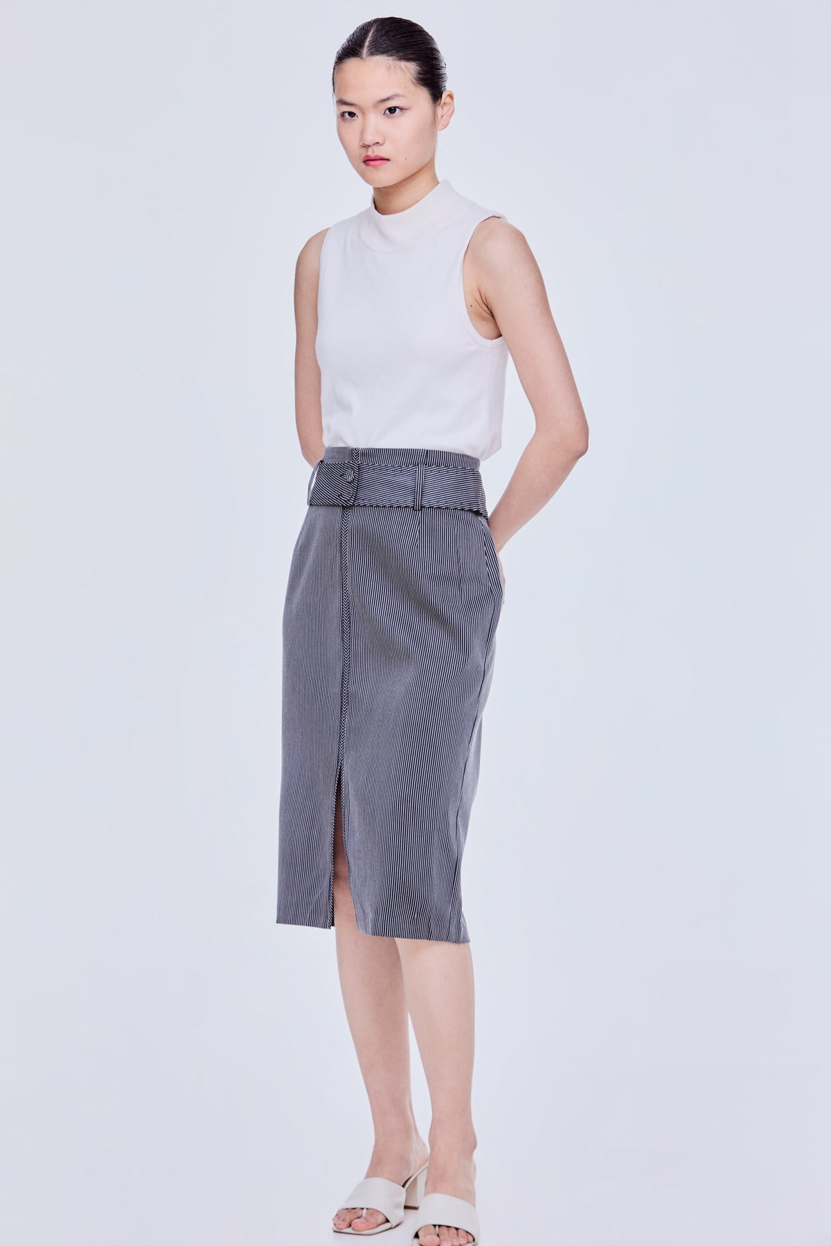 Belted Stripes Pencil Skirt