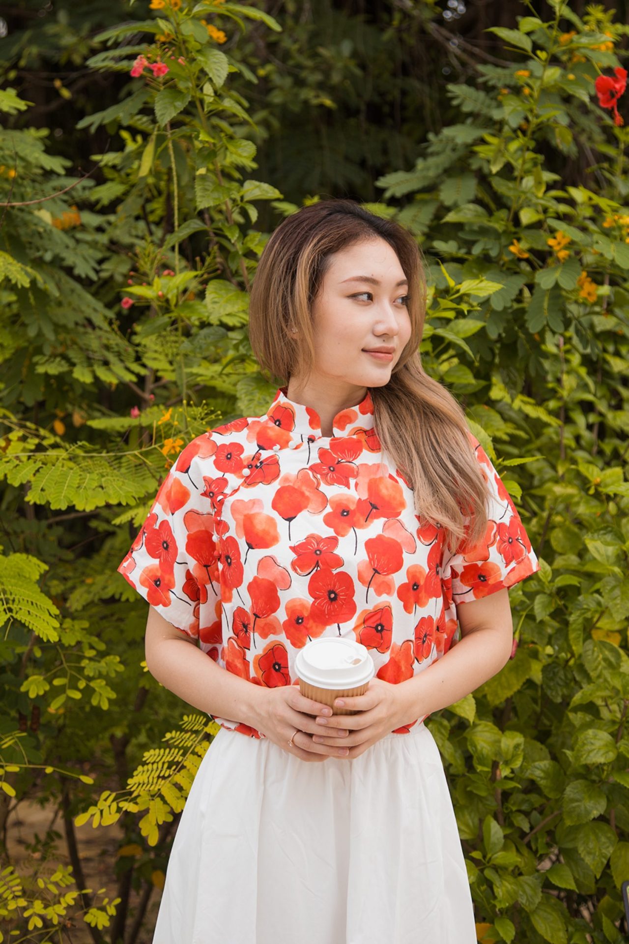 Printed Cropped Mandarin Collar Top
