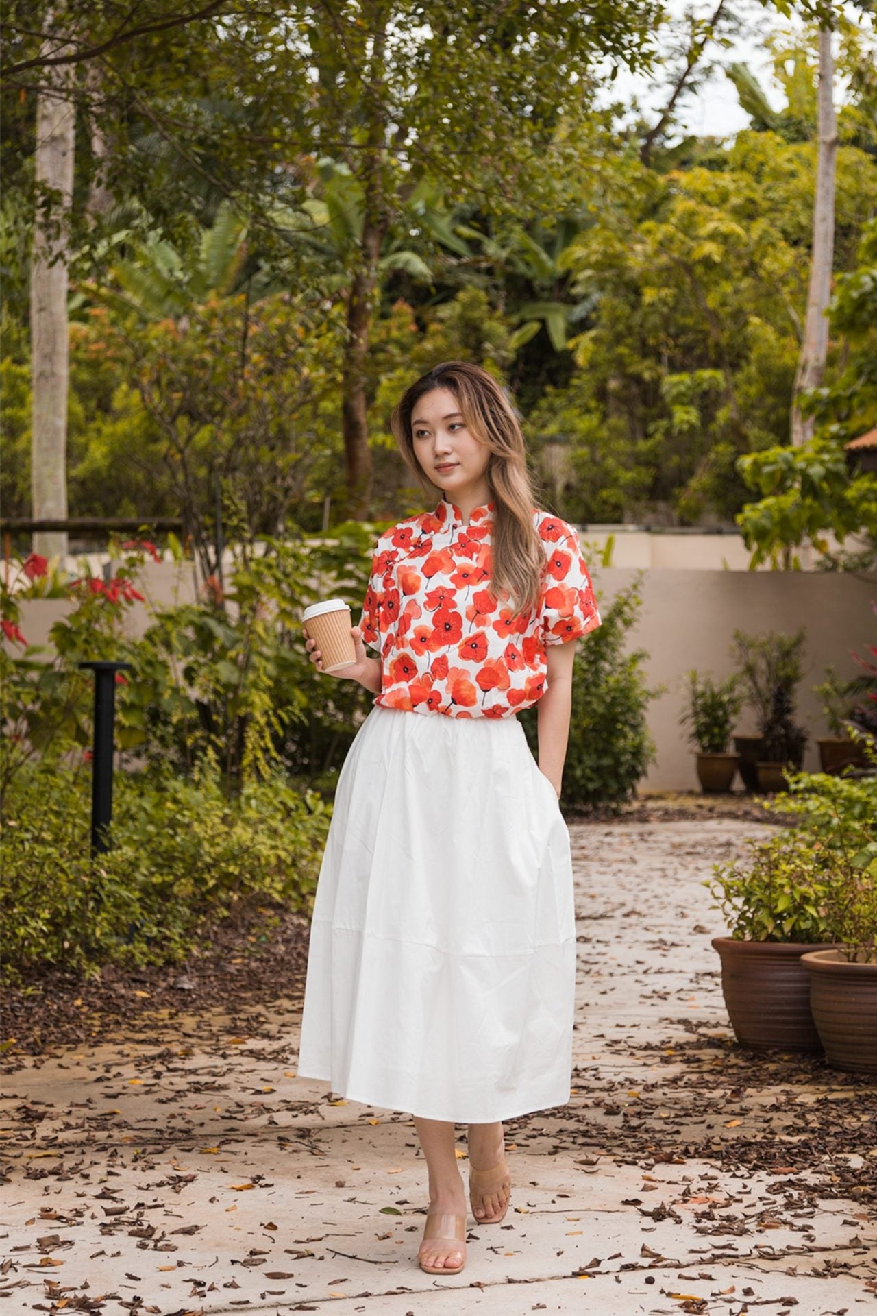 Printed Cropped Mandarin Collar Top