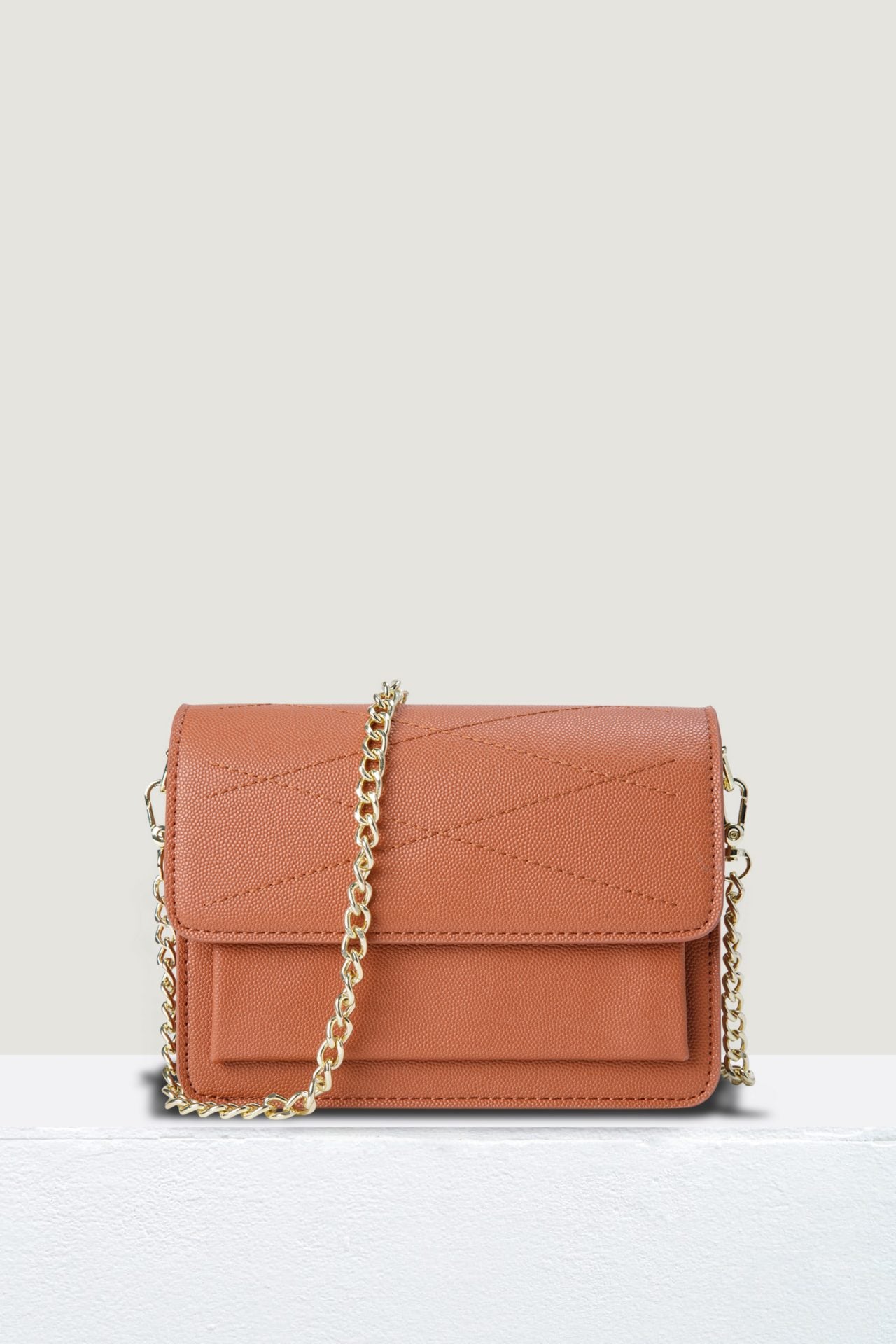 Chain Front Flap Bag - Brown