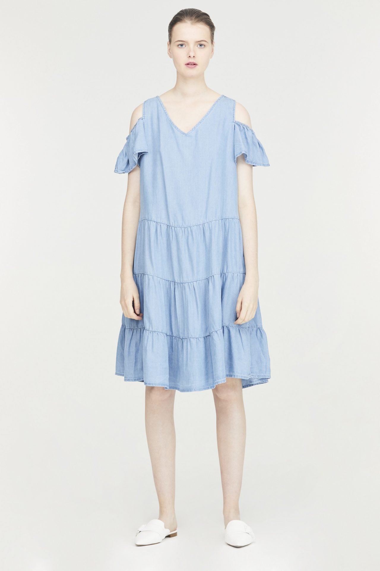 Denim Cold-Shoulder Tiers Dress
