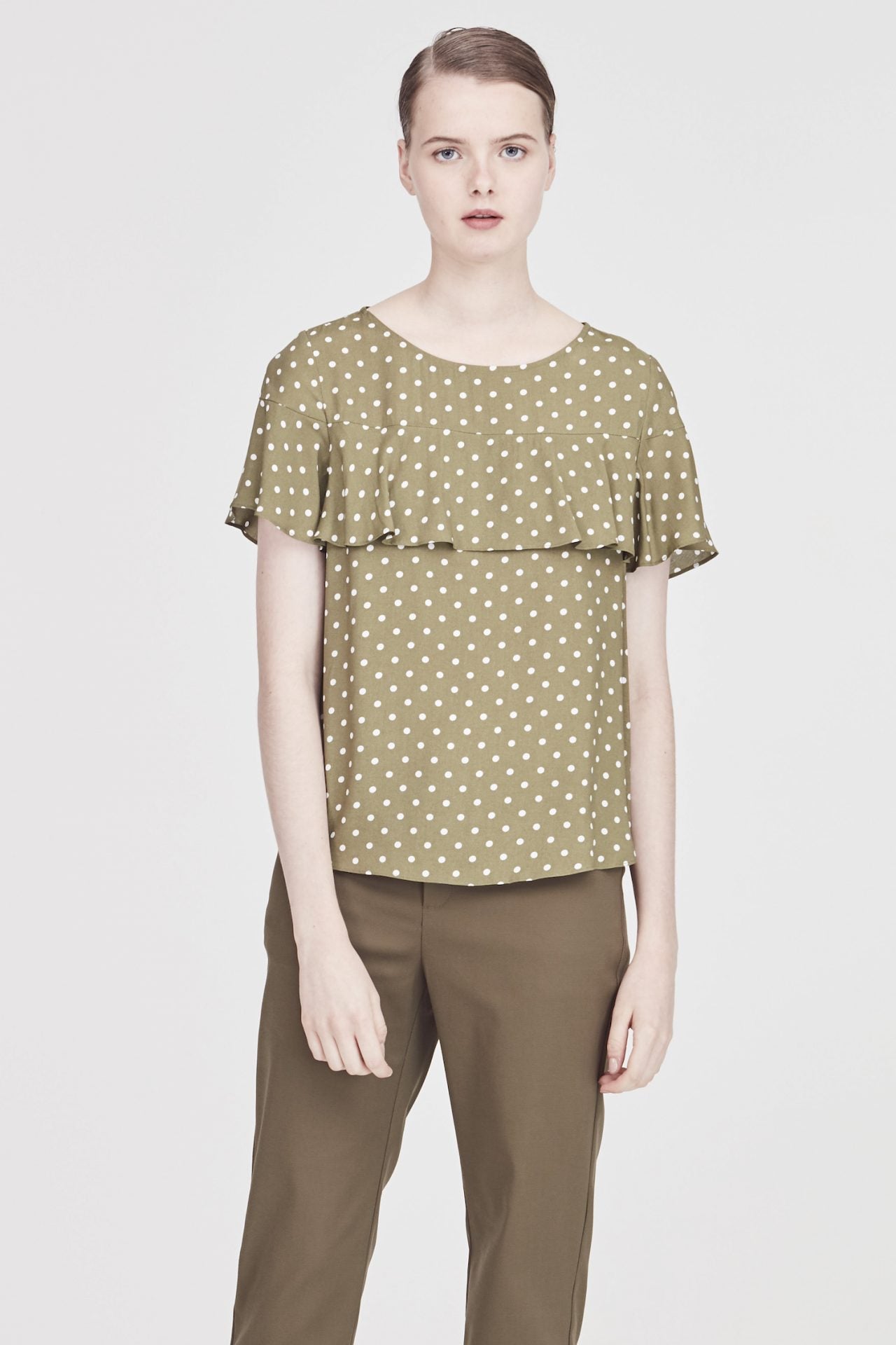 Polka Dot Frill Paneled Blouse