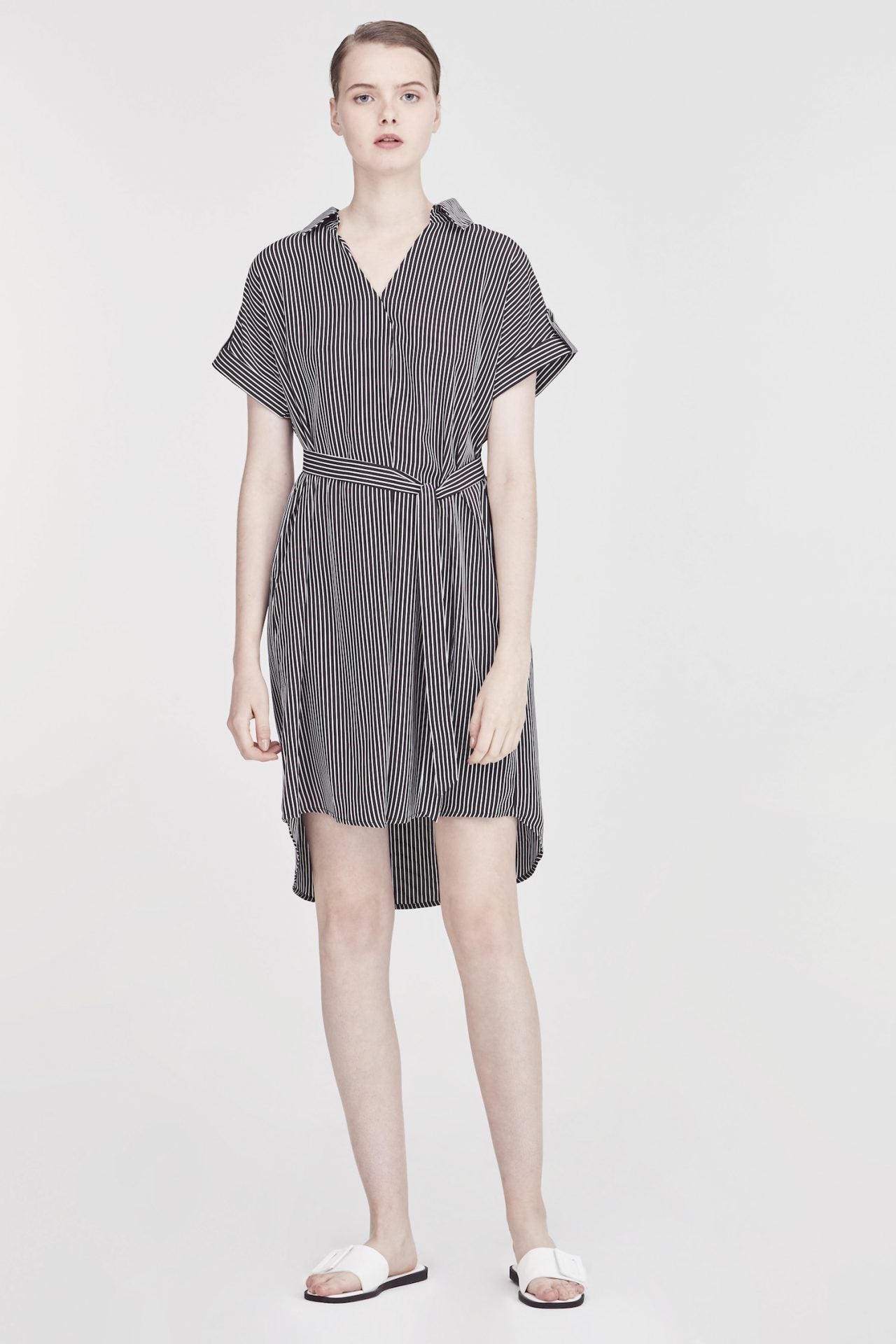 Turn-Up Cuffs Striped Dress