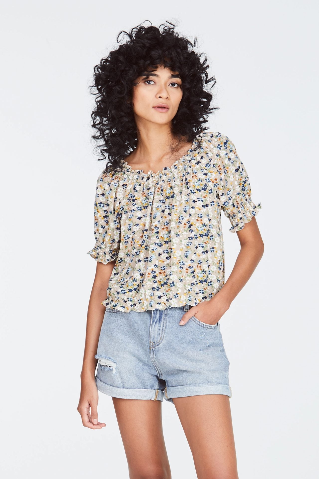 Floral Wide Smocked Collar Blouse