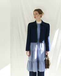 Denim Blouson Jacket With Puff Sleeve And Front Welt Pocket